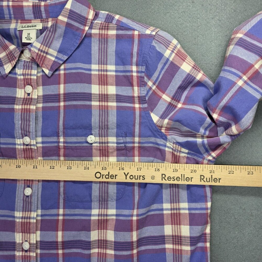 LL Bean Shirt Womens Medium Purple Pink Plaid Long Sleeve Cotton Classic Preppy - Picture 6 of 9